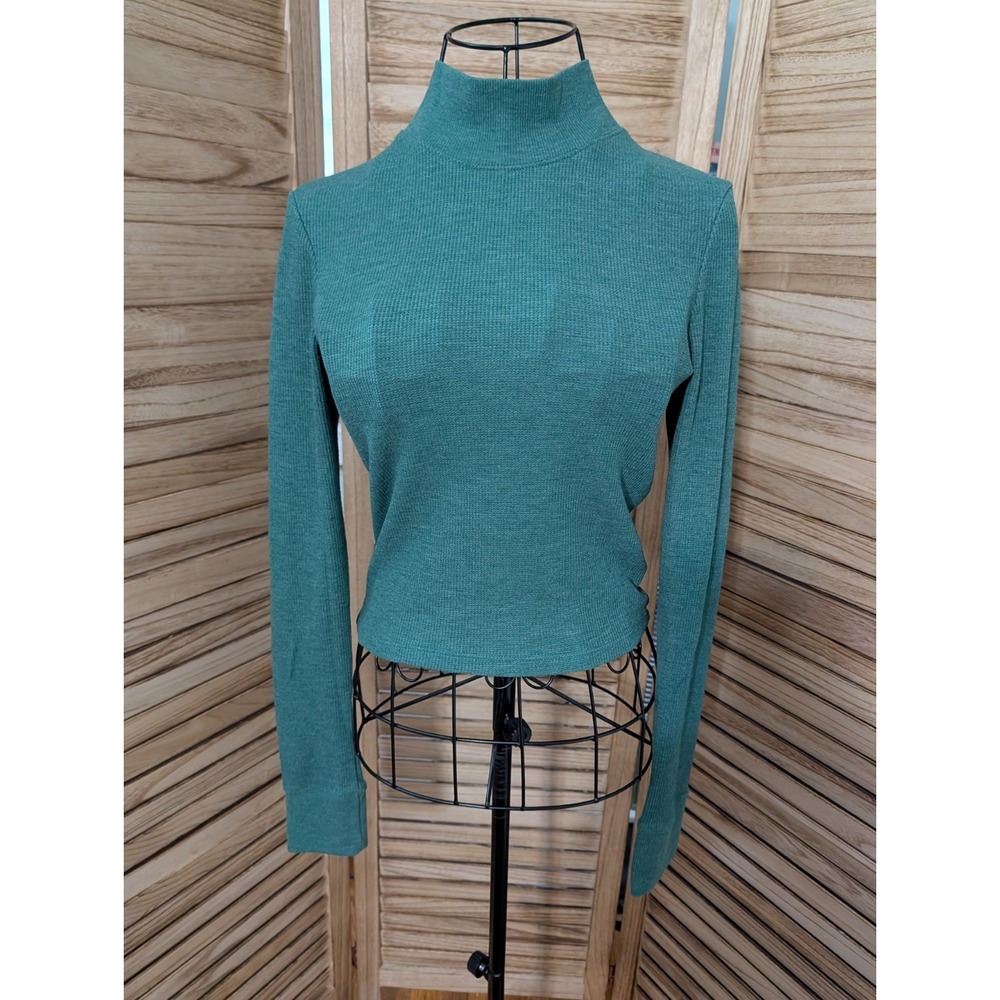 Womens Green American Eagle Ribbed Crop Top Shirt Long Sleeve Mock Neck Size M